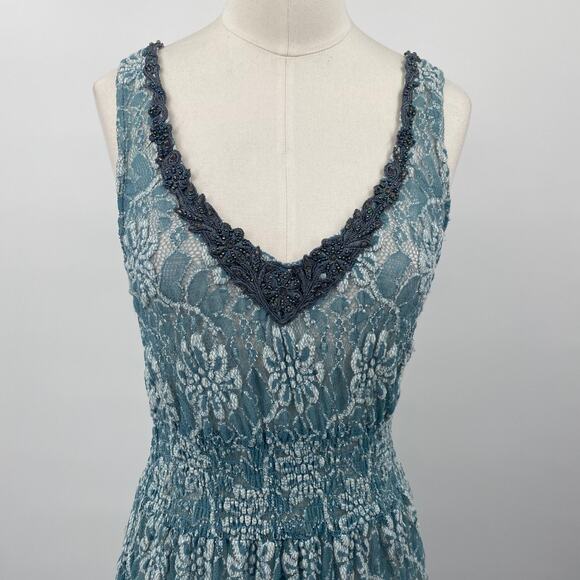 Free People Fit & Flare Mini Dress Floral Lace Beaded V Neck Sheer Teal Medium - Picture 2 of 8